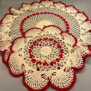 Set of two matching, vintage, handcrafted doilies. Beautiful, white, and red.